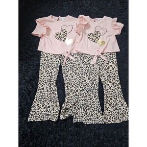 Rare Editions Heart Leopard Outfit Set Ruffle Sleeve‎ Top Bell Bottoms 3T and 4T